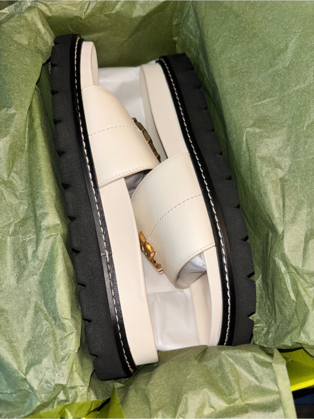 Tory Burch Cream Leather Slide Sandals with Gold Logo - Picture 6 of 8